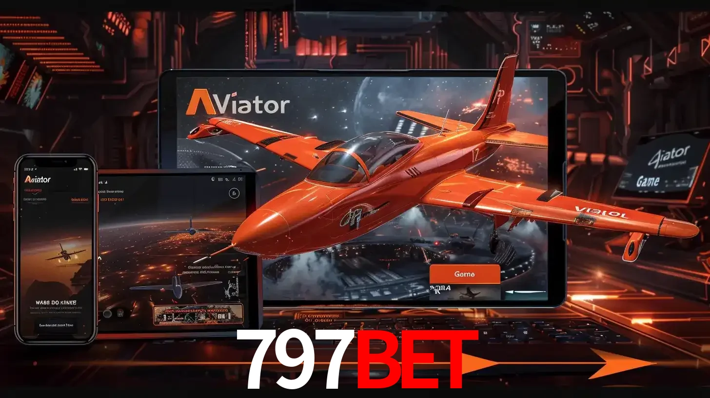 Apresentação tecnológica do jogo Aviator com um avião saindo da tela de um tablet, demonstrando a experiência imersiva em múltiplos dispositivos no 797BET.