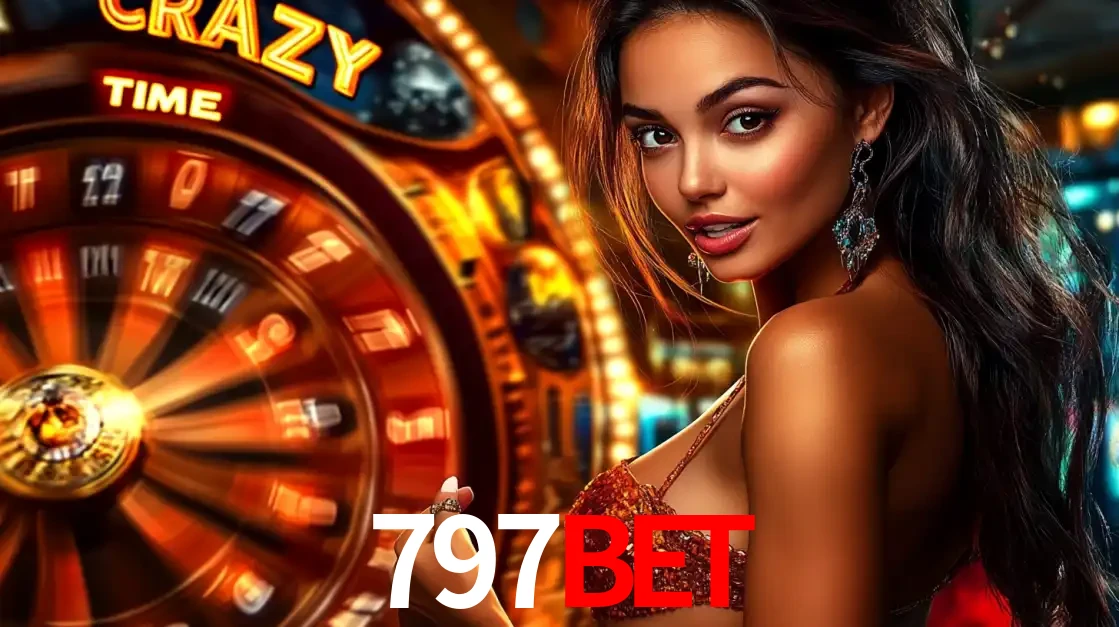 Mulher ao lado da roda de prêmios do jogo de cassino ao vivo Crazy Time, um dos shows de jogos mais emocionantes oferecidos pela plataforma de apostas 797BET.