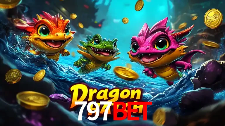 Arte promocional do jogo Dragon Hatch com três adoráveis dragões bebês nadando entre moedas de ouro, um dos slots mais divertidos para jogar no cassino 797BET.