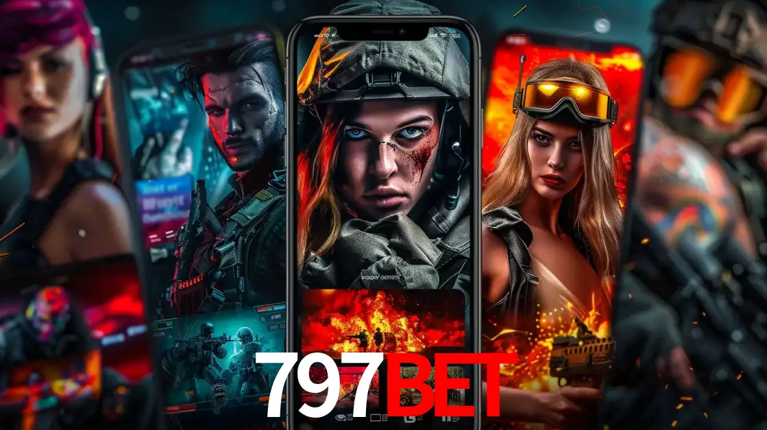 Montagem de telas de celular mostrando diversos personagens, masculinos e femininos, de um jogo de tiro, ilustrando a diversidade de equipes de e-sports para apostar no 797BET.