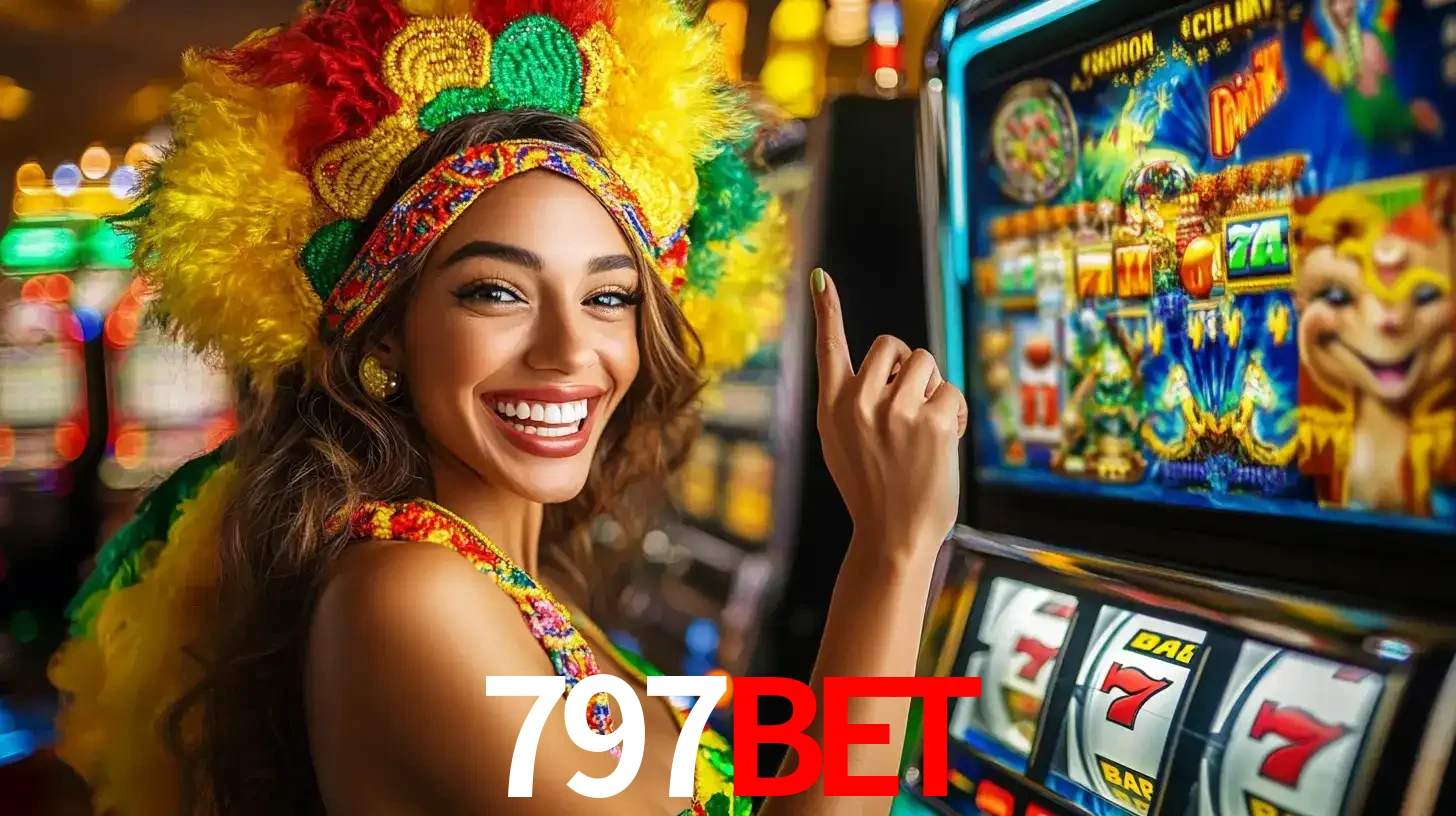 Mulher animada com um cocar de carnaval apontando para uma máquina de caça-níqueis, mostrando a emoção de ganhar um grande prêmio nos jogos do 797BET.