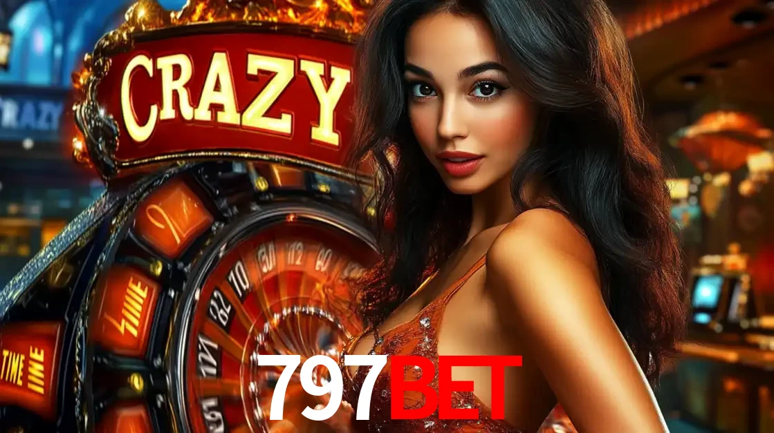 Mulher glamourosa olhando para a câmera com a roda vermelha do Crazy Time ao fundo em um ambiente de cassino, destacando a emoção dos jogos ao vivo no 797BET.