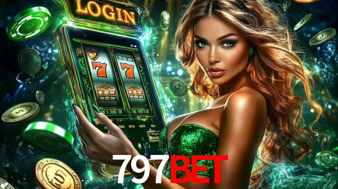 Mulher com tema verde apresentando o aplicativo do cassino 797BET com um jogo de slot de 777, cercada por fichas de cassino e uma aura de sorte.