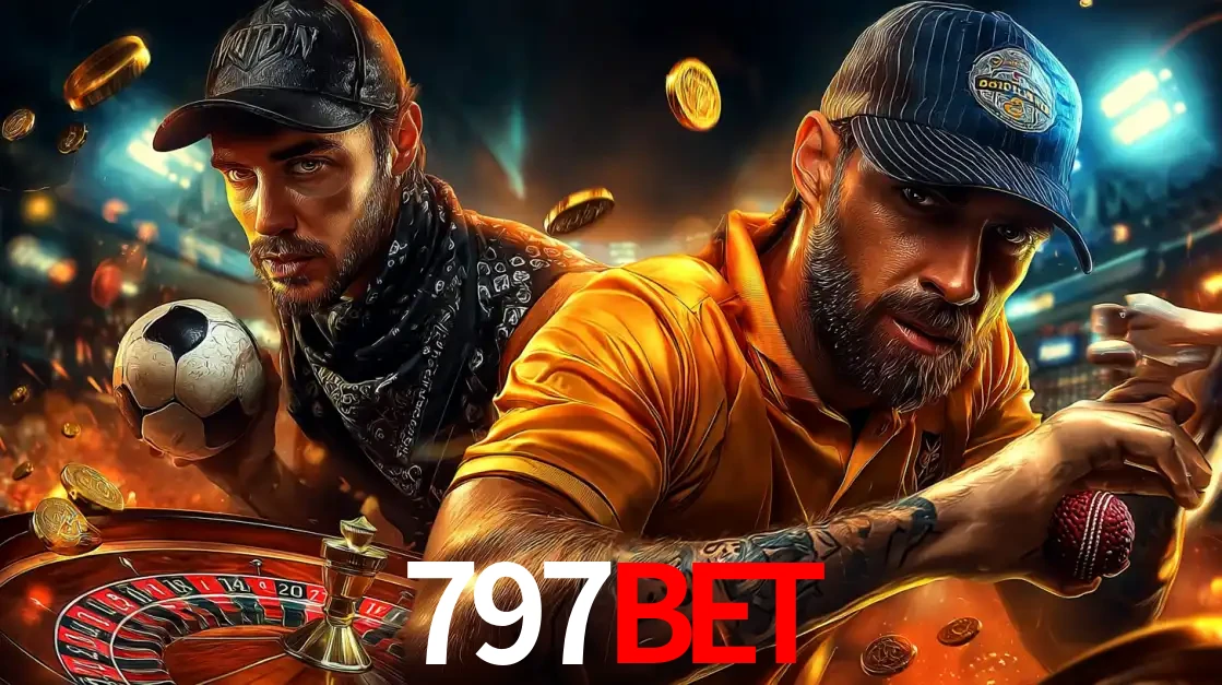 Montagem de apostas esportivas e cassino no 797BET, com um homem segurando uma bola de futebol e outro uma de beisebol sobre uma roleta e moedas voadoras.