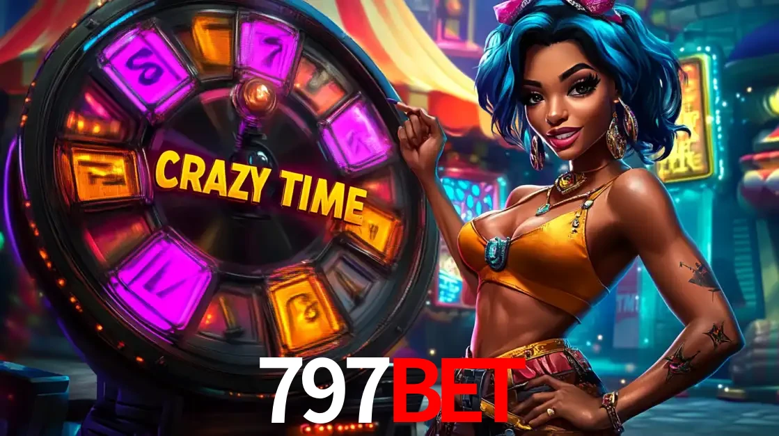 Mulher estilizada com cabelo azul e visual vibrante posando ao lado da roda de prêmios do game show Crazy Time, convidando para a diversão e os bônus do cassino 797BET.