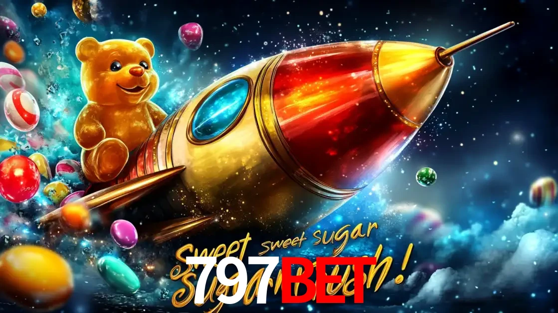 Arte promocional do jogo de slot Sugar Rush, com um urso de pelúcia em um foguete viajando pelo espaço de doces, um dos jogos divertidos disponíveis no cassino 797BET.