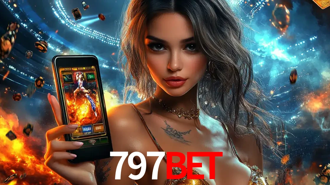 Mulher segurando um celular com um jogo de slot em destaque, tendo como fundo um estádio vibrante, simbolizando a emoção de jogar no cassino móvel 797BET.