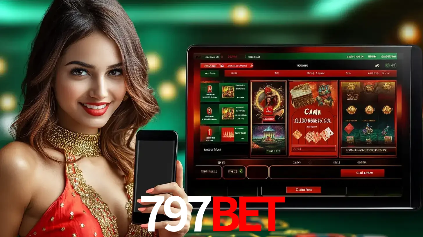Mulher sorridente segurando um smartphone, ao lado de uma tela exibindo o lobby de jogos do cassino online 797BET, com várias opções de jogos de cartas e slots.